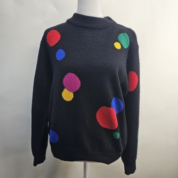 100% wool sweater.  Black with multi color circles vintage - Picture 1 of 11
